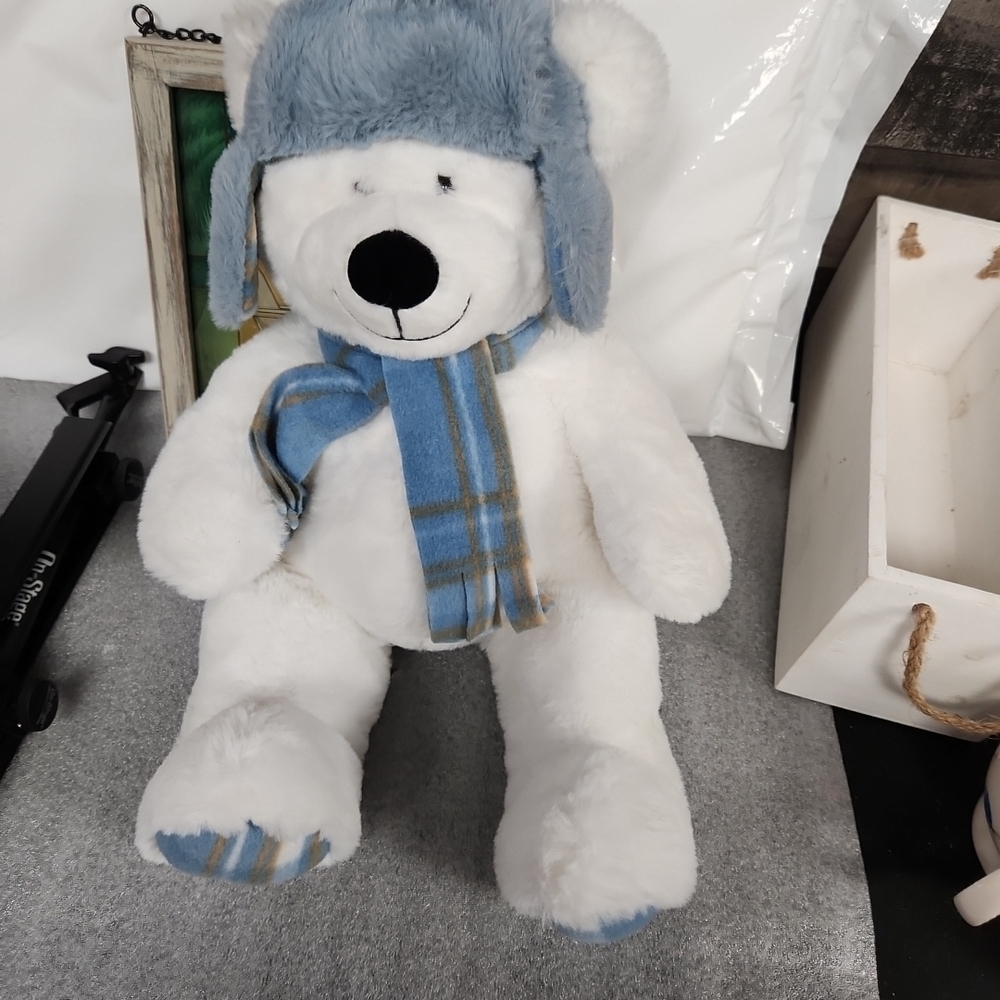 White Teddy Bear with Blue Hat and Scarf